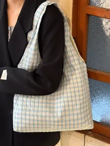 Japanese vintage plaid canvas tote bag, large capacity shoulder underarm bag fine detail view.
