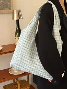 Japanese vintage plaid canvas shoulder bag for women large capacity underarm tote bag daily