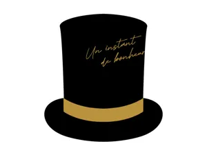Detail van zwarte hoge hoed sticker met gouden band en elegant Frans cursief.