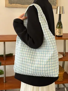 Japanese vintage plaid canvas shoulder bag women's large capacity casual tote underarm bag