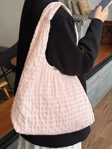 Japanese vintage pink white checkered canvas tote bag, large capacity shoulder underarm bag.