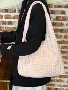 Japanese vintage pink checkered shoulder tote bag detail view, soft crinkle fabric design.
