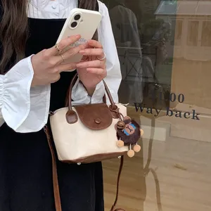Women Fashion Bucket Bag PU Leather Contrast Color Small Handbag Casual Crossbody Bag Daily Commuting Purse With Pendant
