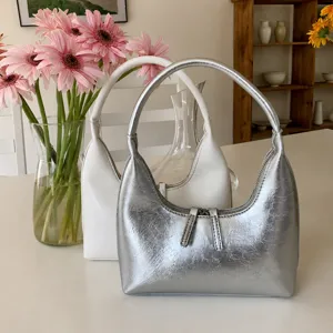 Korean style niche underarm bag, trendy glossy soft leather handbag, minimalist silver crescent.