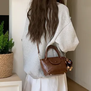 Stylish brown small handbag for women, versatile crossbody bucket bag with top handle.