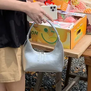 Silver metallic hobo shoulder bag trendy glossy crescent purse minimalist casual commuting handbag