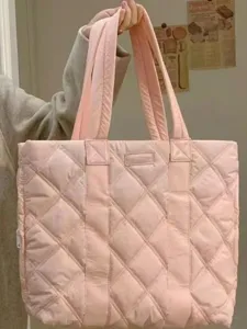 Pink quilted puffer tote bag, large capacity casual shoulder bag for women commuter daily use.