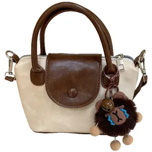 Women fashion small top handle crossbody bag, beige and brown colorblock cute handbag.