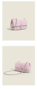 Bolso de hombro acolchado rosa para mujer, elegante bolso cruzado con cadena metálica moderna.
