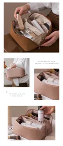 Large capacity PU leather makeup bag with multi compartments for women travel storage.