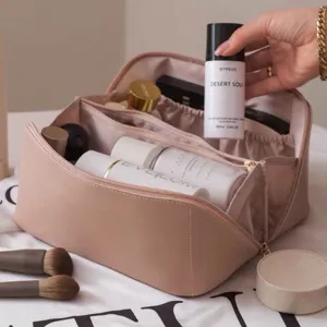 Large capacity PU leather makeup bag with multiple compartments for daily travel storage
