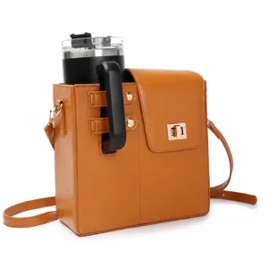 Women PU Leather Crossbody Bag Fashion Casual Water Bottle Bag Large Capacity Commuter Handbag Solid Color Shoulder Bag