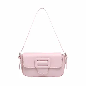 Pink minimalist shoulder bag with square buckle, elegant PU leather crossbody handbag 22x12cm