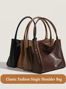 Women Casual Large Capacity Tote Bag PU Leather Soft Single Shoulder Commuting Handbag With Pouch