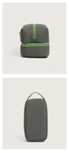 Detail shot of the color-block waterproof PU cosmetic storage bag showing zipper and handle.