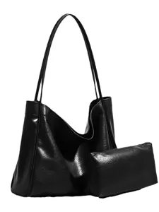 Large capacity black leather tote bag with shoulder straps and matching pouch for women