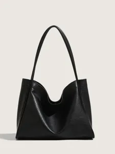Black soft leather tote bag for women, large capacity casual shoulder bag for daily commute.