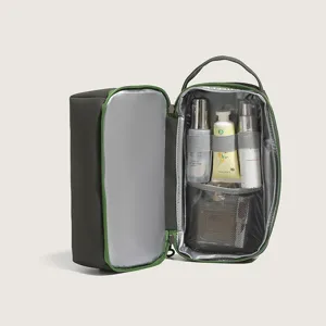 Water-resistant PU cosmetic bag with multi-layer large capacity, minimalist portable storage handbag.