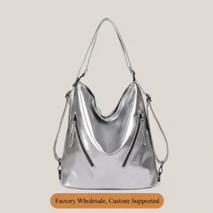 Solid Color PU Leather Tote Bag Large Capacity Silver Handbag Versatile Women Daily Commuting Shoulder Bag