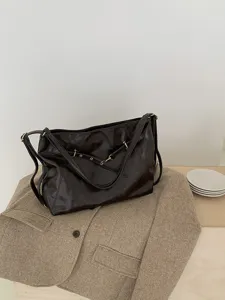 Vintage soft leather hobo tote bag dark brown slouchy shoulder bag with metal buckle details