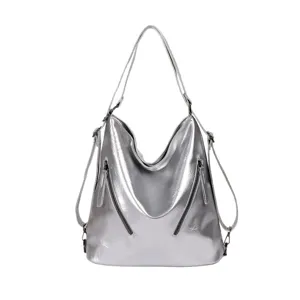 Silver large capacity tote bag stylish women's shoulder bag versatile commuting handbag.