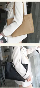 Women large capacity leather tote bag casual commuter single shoulder handbag in khaki black