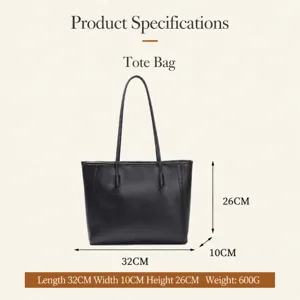 Classic Black PU Leather Tote Bag Large Capacity Casual Shoulder Handbag Front View