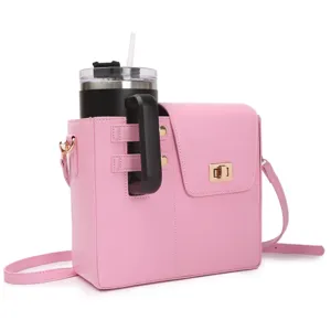 Pink crossbody bag with cup holder, casual shoulder bag for women, stylish daily commuter purse.