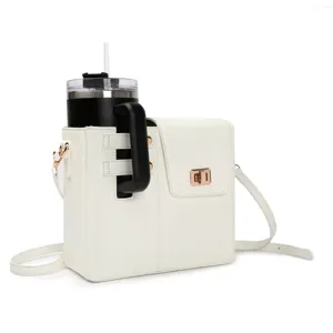 White women shoulder bag with tumbler holder, pu leather crossbody bag for outdoor daily use