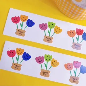 Süß Cartoon Blumen Smiley Gesicht Thank You Aufkleber Farbigen Druck Tulpe Versiegelungsetiketten Für Geschenkbox DIY Verpackung Deko