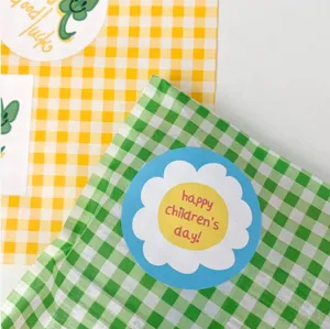 Happy Childrens Day Cartoon Round Reward Stickers Removable Self Adhesive Flower Labels Plaid Wrapping Seals For Kids Kindergarten Gift Decor