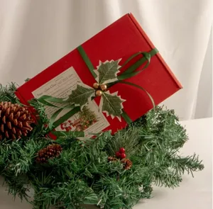 Vista dettagliata di una scatola regalo festiva rossa decorata con nastro verde e bacche.