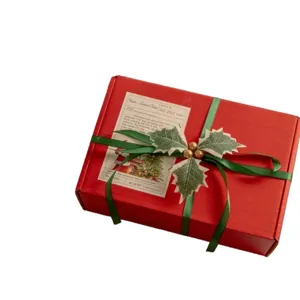 Natale scatola regalo rossa decorazione con nastro verde foglie di agrifoglio bacche