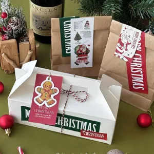 Set di scatole per confezioni regalo di Natale con sacchetti di carta e etichette festive.