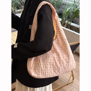 Pink checkered shoulder bag, retro crinkled fabric tote bag for women daily casual use.
