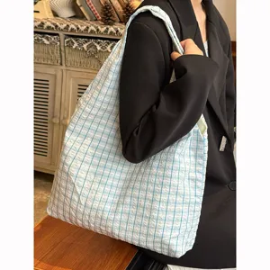 Japanese Retro Plaid Canvas Tote Bag For Women Large Capacity Casual Shoulder Bag Underarm Bag Fashion Handbag Daily