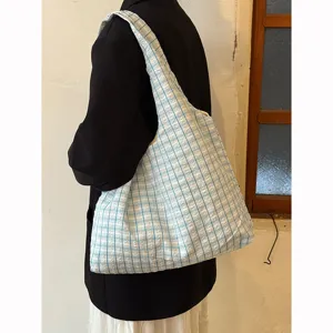 Retro blue white plaid canvas shoulder bag large capacity casual tote hobo bag for women main
