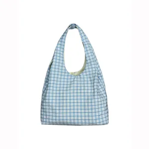 Blue and white plaid canvas shoulder bag, vintage hobo tote bag for women, large capacity daily