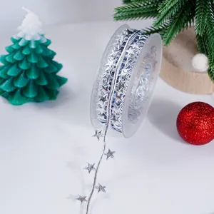 Cinta de estrellas plateada para decoración de árbol de Navidad, envoltorio de regalos.