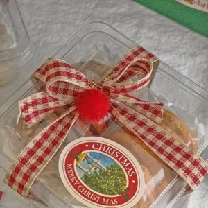 Nastro per confezioni regalo di natalizio con fiocco a quadri rossi e scatola trasparente.
