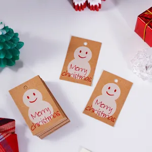 Kraft paper Christmas gift tag detail showcasing cute snowman print and holiday greeting.