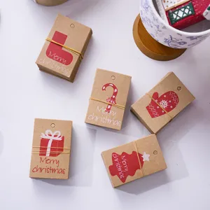 Kraft paper Christmas gift tags with various festive prints and Merry Christmas text.