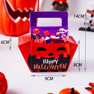 Halloween pumpkin candy gift box detail view, portable paper packaging with cute design.