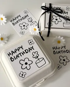 Minimalist happy birthday greeting cards and gift box set with cute daisy flower drawings.