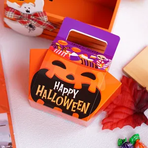 Halloween pumpkin candy gift box, cute portable snack paper packaging for holiday party favor.