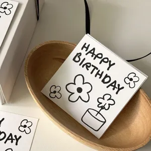 Ins Style Happy Birthday Greeting Card Floral Printed Cake Bouquet Gift Decoration Card Hand-Drawn Message Wish Card