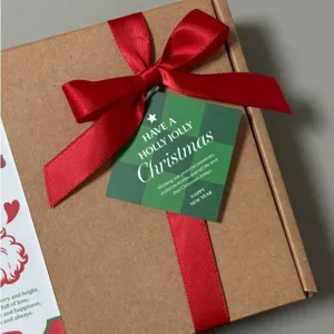 Christmas gift greeting tags set with red ribbon and green plaid design for holiday party decor.