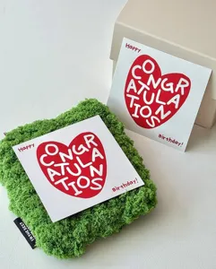 Square birthday greeting card with red heart design and congratulation text detail display.