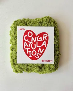 Detailed view of square birthday greeting card with red heart and green tufted border frame.