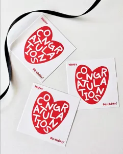 Square birthday greeting cards featuring red heart design and congratulation text details.